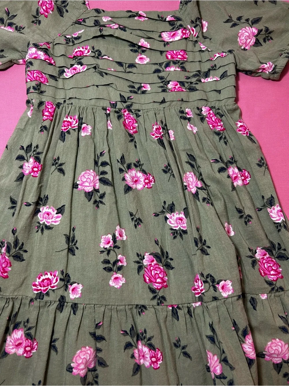 Girls Olive Green Floral Smocked Dress with Pink Roses Size 5